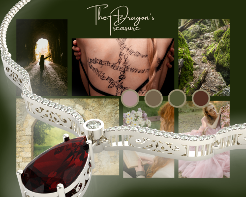 A silver and diamond crusted necklace with a large ruby pendant in the foreground across six images in two rows (three images per row). Top left: a person standing at the exit of a cave, bright light illuminating their figure. Top middle: a pale back covered in runic tattoos that wrap around their back. Top right: a rocky mountain path covered in bright moss. Bottom left: a crumbling stone wall with an archway revealing bright grass and trees. Bottom middle: a white redhead with her back to the camera reading a book outdoors. Bottom right: a blonde white woman in a gauzy pink gown sitting outdoors. Images sourced from: Canva, Pexels, and Unsplash